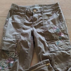 Khaki Cargo Pants with Floral Embroidery